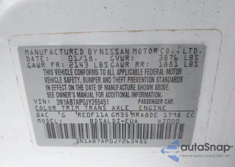 2018 Nissan Sentra Sv z USA, uszkodzony, nr VIN 3N1AB7AP0JY265451